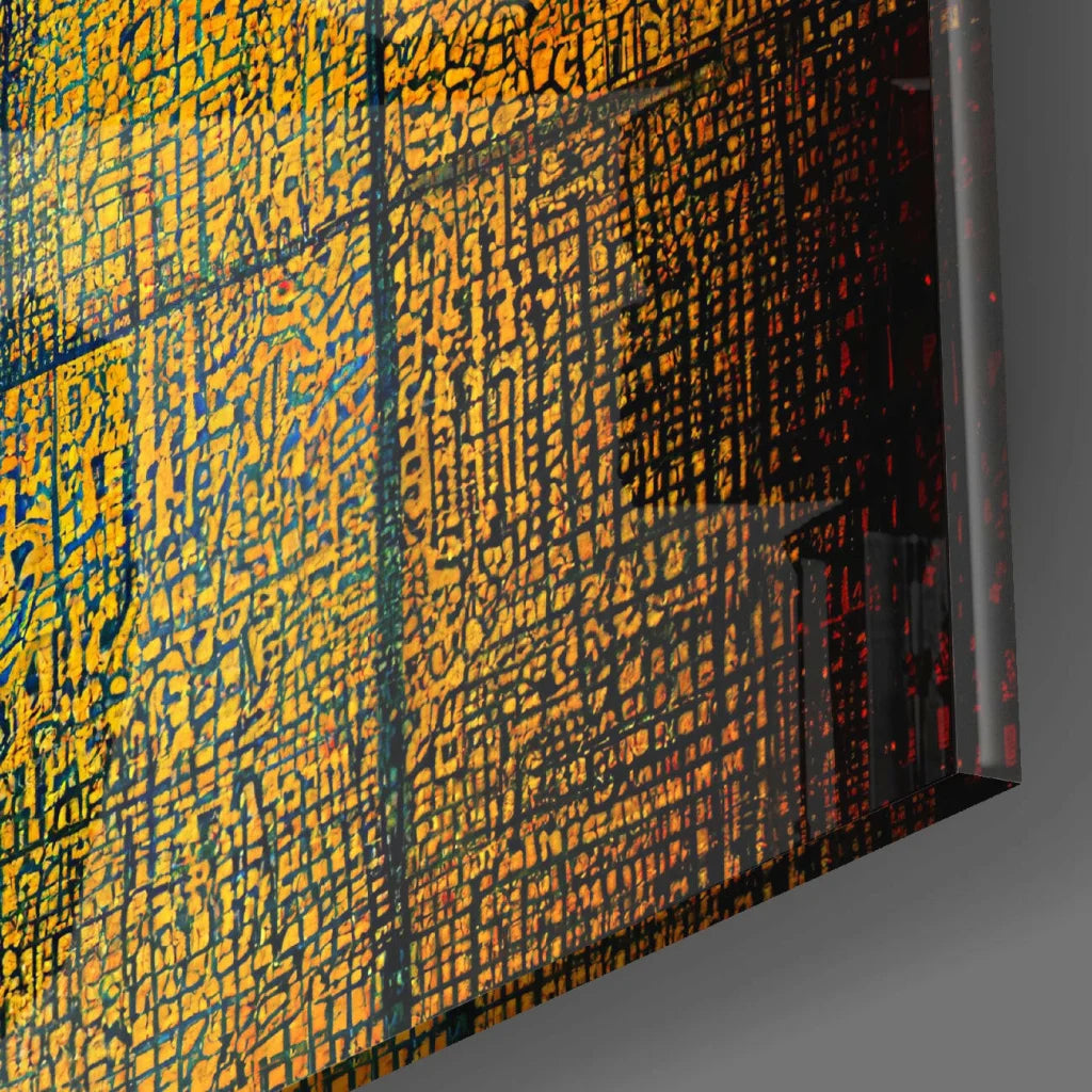 Stunning golden calligraphy glass wall art with vibrant abstract patterns