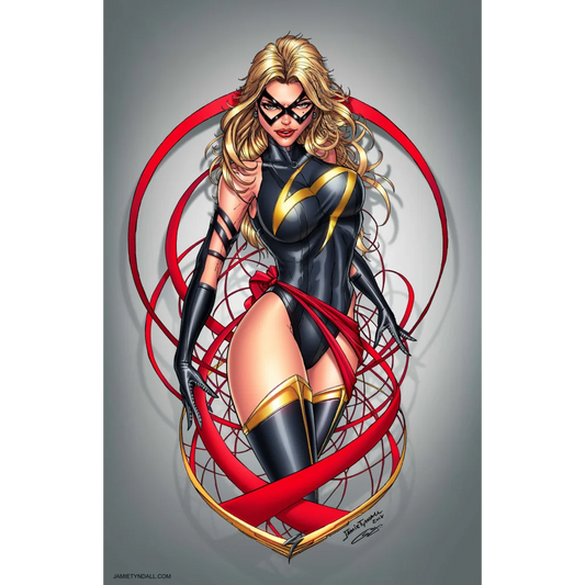 Blonde superheroine in black gold bodysuit on brushed aluminum print