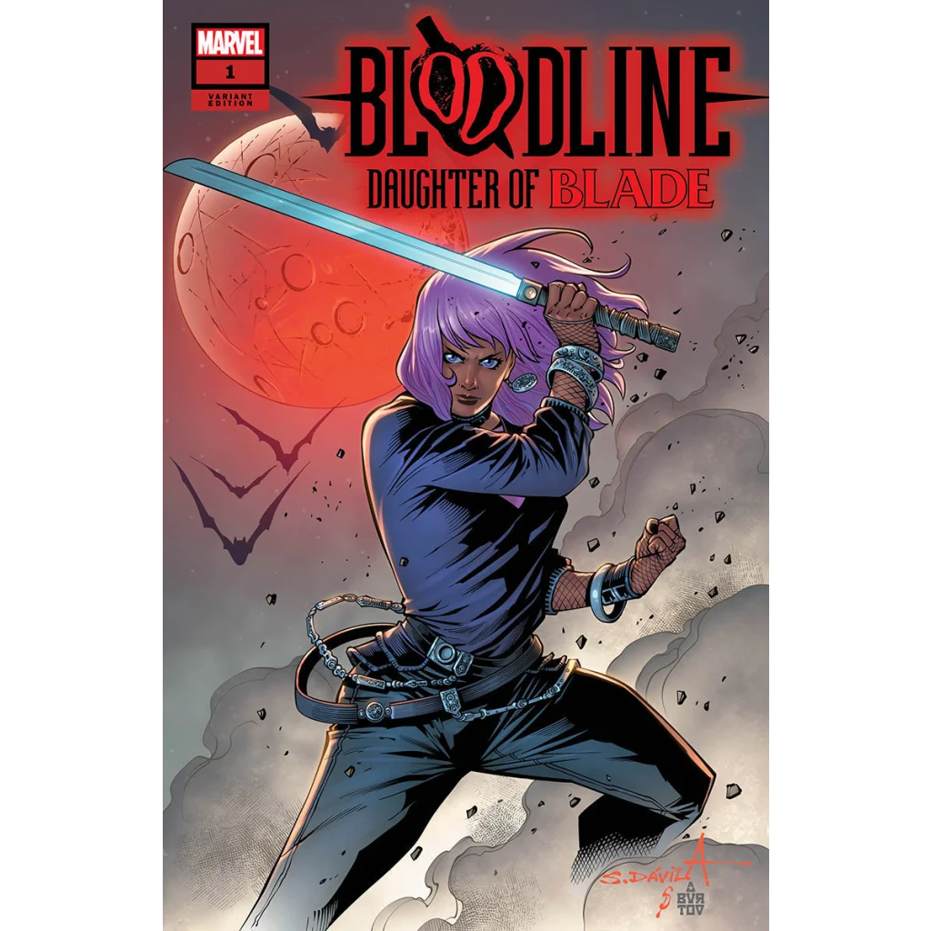 Comic book featuring purple-haired woman with sword, graded blue label Marvel Variant