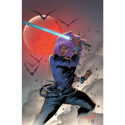 Comic book character with purple hair and glowing sword from Danny Lore’s Daughter of Blade graded blue label