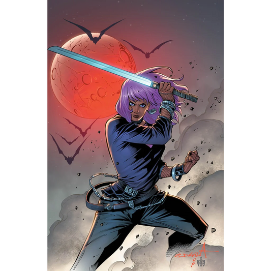 Comic book character with purple hair and glowing sword from Danny Lore’s Daughter of Blade graded blue label