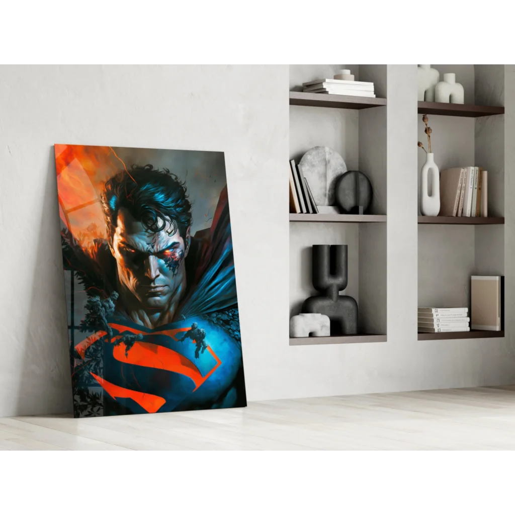 Vibrant Superman glass wall art print with battle-worn hero