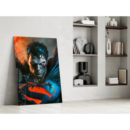 Vibrant Superman glass wall art print with battle-worn hero