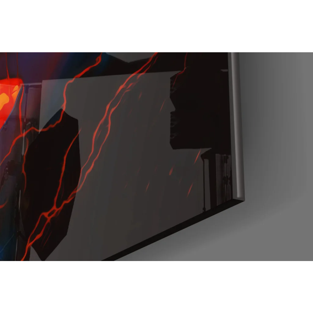 Fiery Superman glass wall art with glowing eyes and red lightning tablet