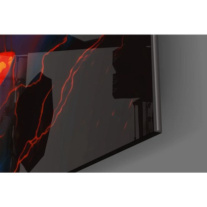 Fiery Superman glass wall art with glowing eyes and red lightning tablet