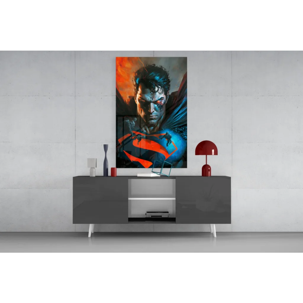 Vibrant Superman glass wall art print in comic style with bold hues