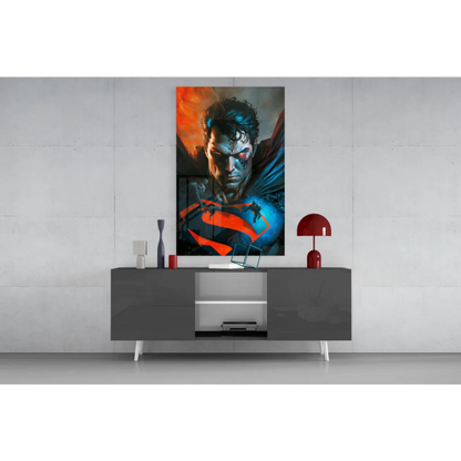 Vibrant Superman glass wall art print in comic style with bold hues