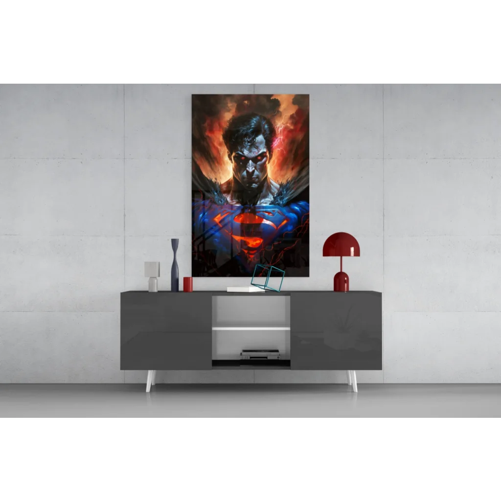 Fiery Superman glass wall art with glowing red eyes