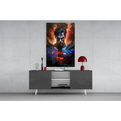Fiery Superman glass wall art with glowing red eyes