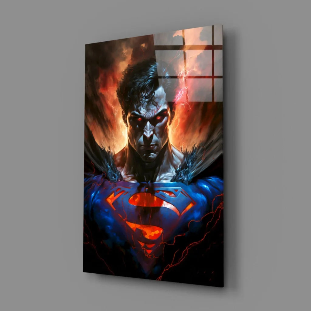 Fiery Superman Glass Wall Art with Glowing Eyes | Glass Wall Art Print | vintageantiquesgifts.com