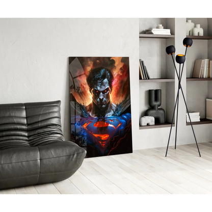 Fiery Superman glass wall art with glowing red eyes and vibrant orange blue design