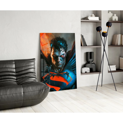 Vibrant Superman glass wall art print in bold blue and orange