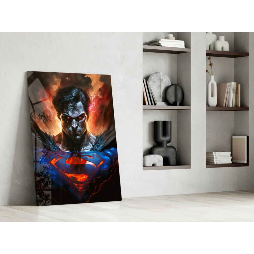 Vibrant Superman glass wall art with blue-red print and fiery orange glow