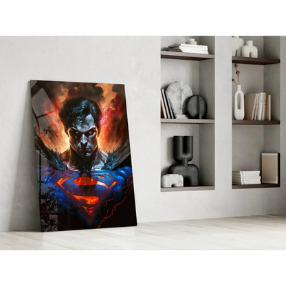 Vibrant Superman glass wall art with blue-red print and fiery orange glow