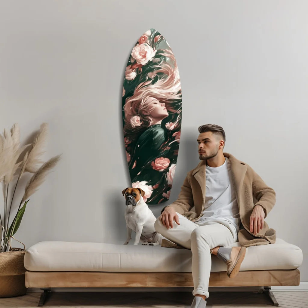 Stunning floral goddess tempered glass art surfboard with blonde woman and roses
