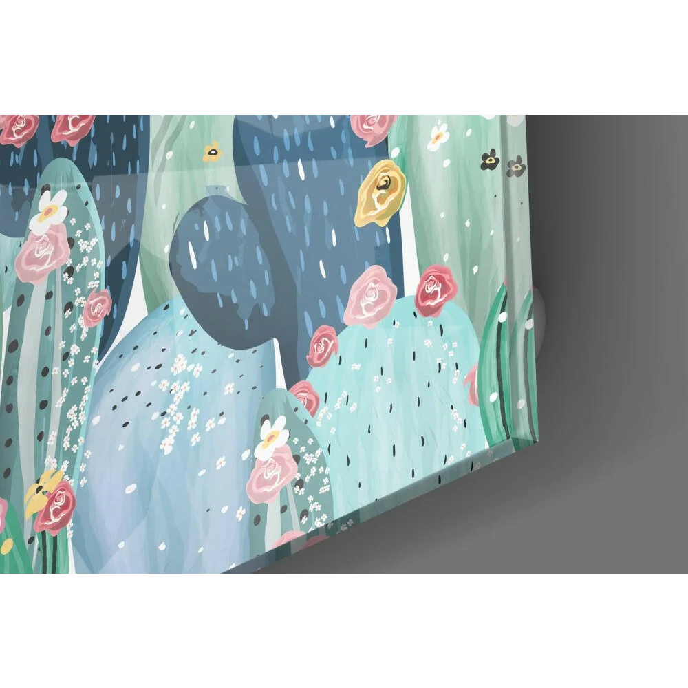 Whimsical Blooming Desert Cactus wall art canvas print in teal tones