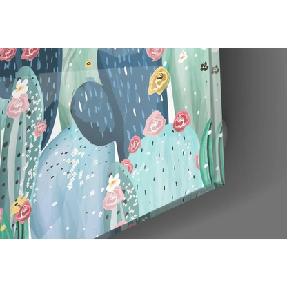 Whimsical Blooming Desert Cactus wall art canvas print in teal tones