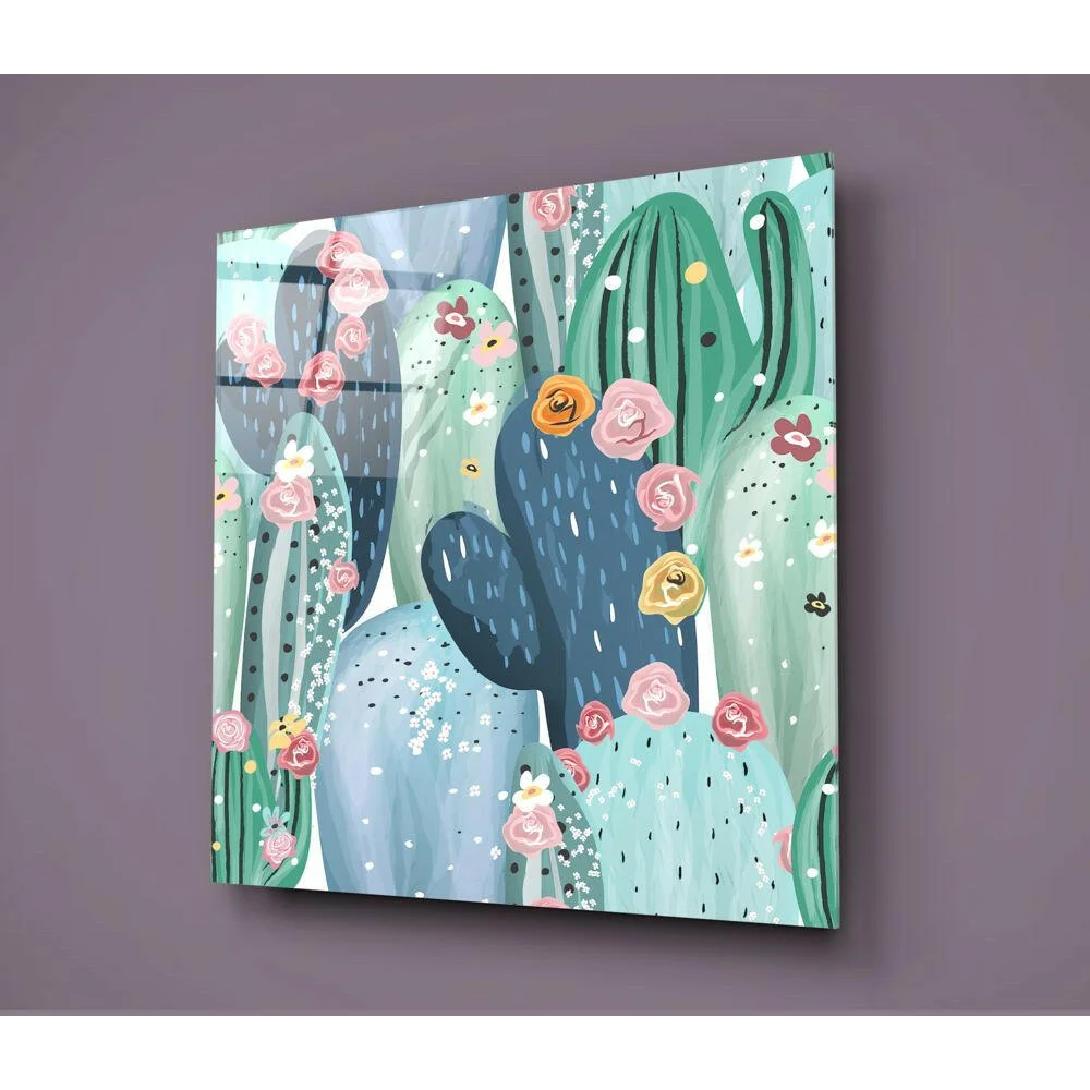 Blooming Desert Cactus glass wall art with green succulents and flowers