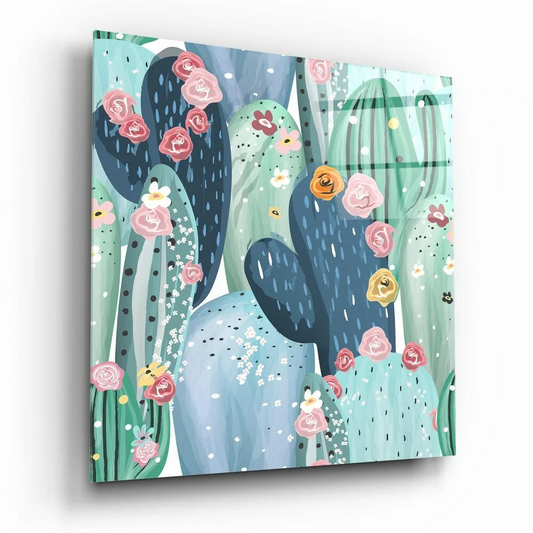Teal blue cactus wall art canvas print with blooming flowers