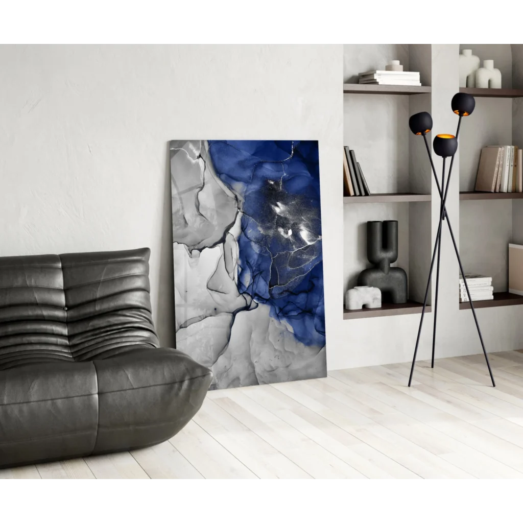 Blue abstract glass wall art with modern grid pattern and glossy finish