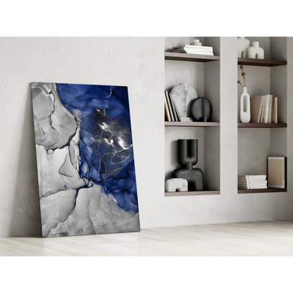 Modern blue abstract canvas wall art with gray white grid pattern