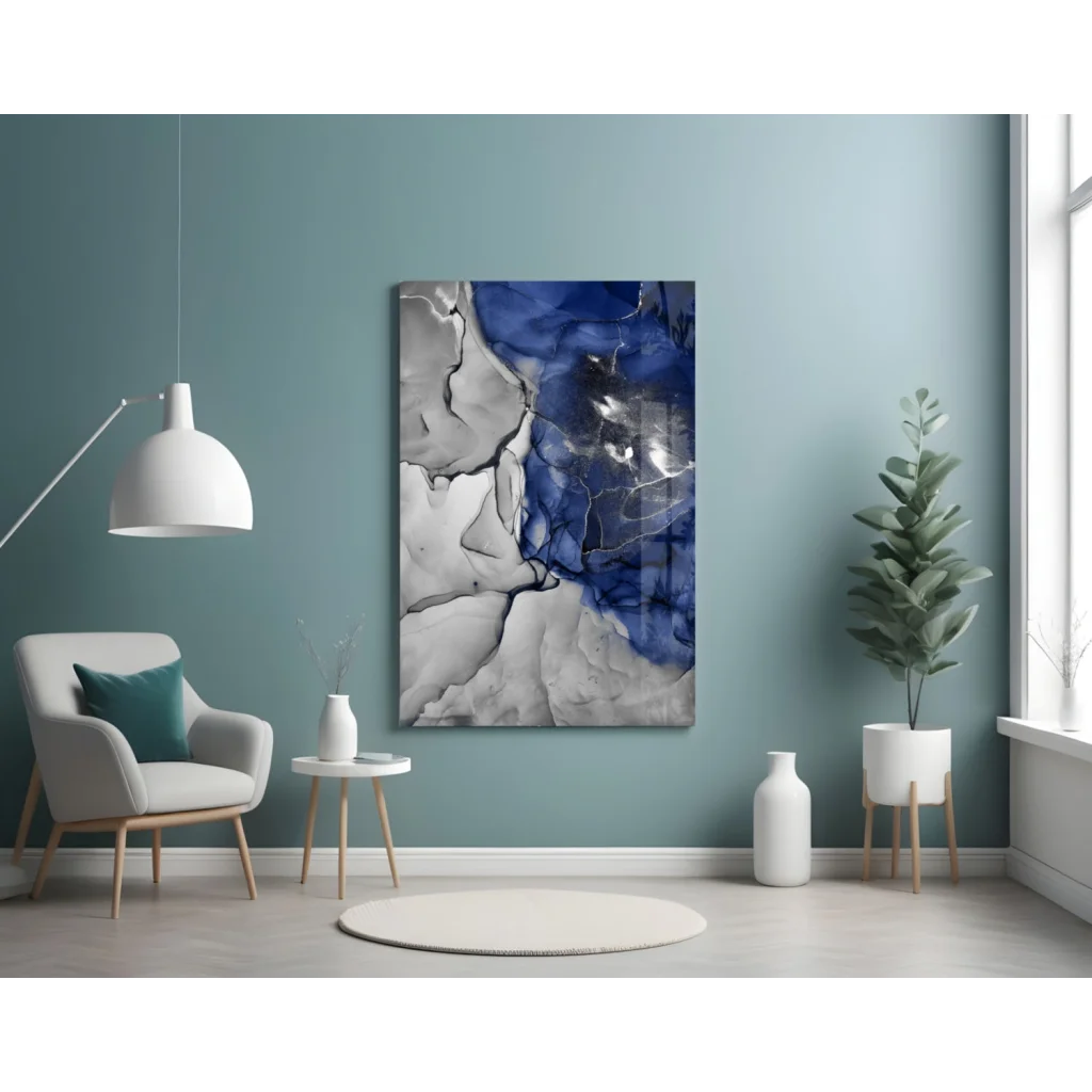 Blue and white abstract canvas wall art with modern grid pattern