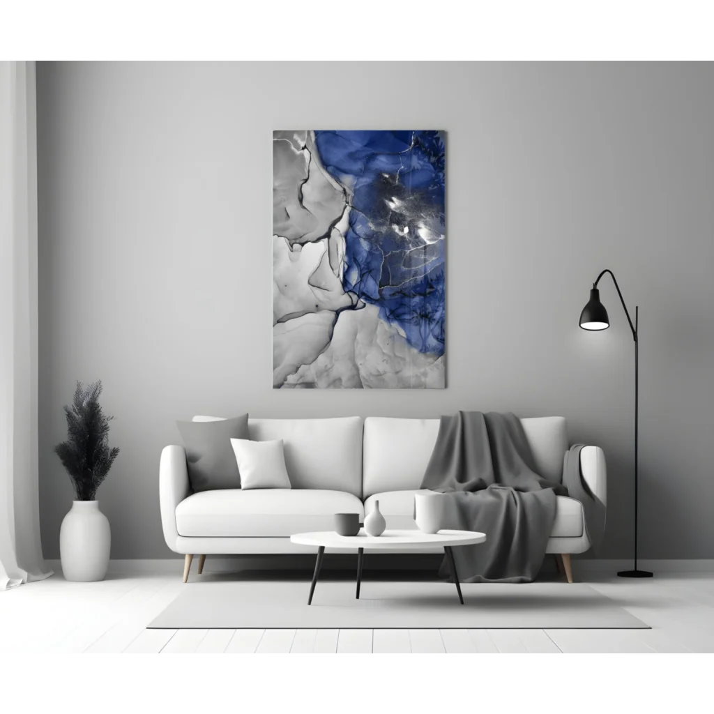 Blue and gray abstract canvas wall art with modern grid pattern