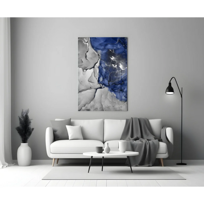 Blue and gray abstract canvas wall art with modern grid pattern