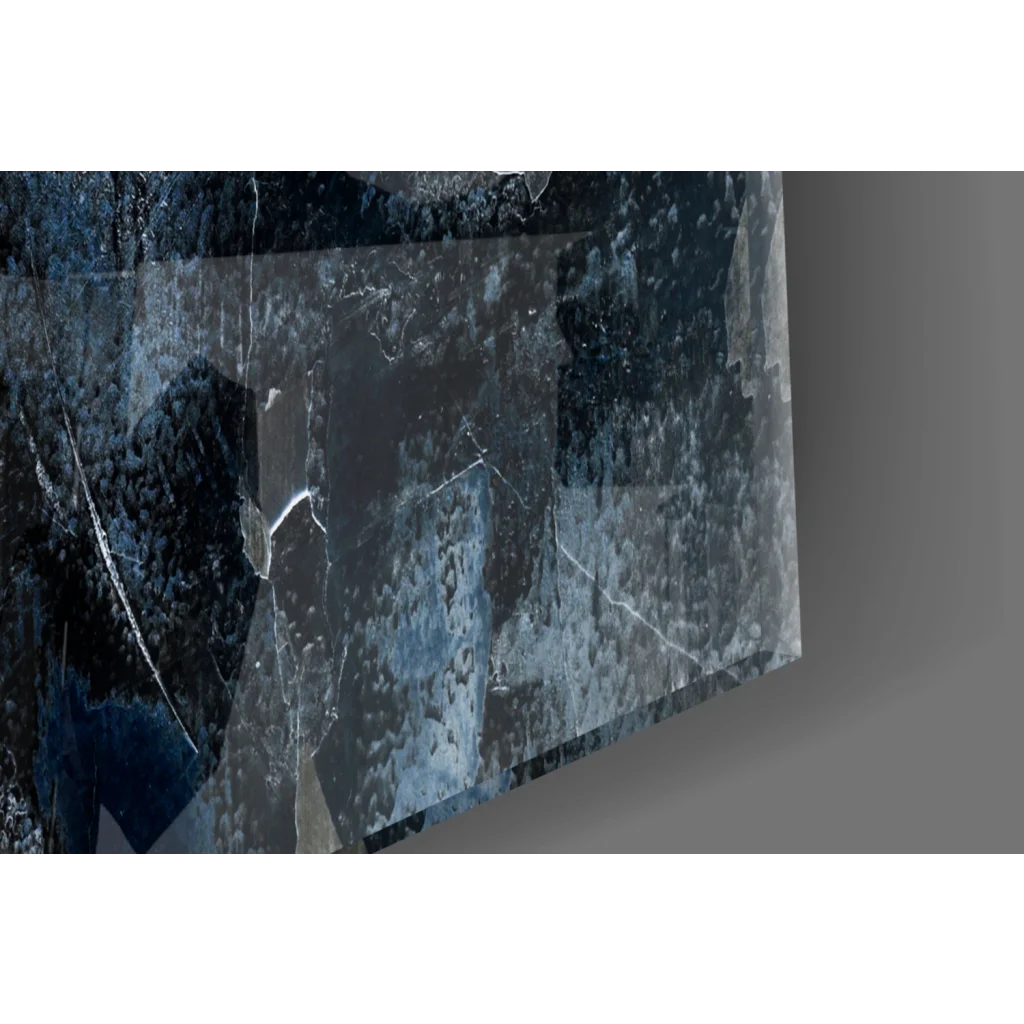Deep blue marbled glass wall art with white veining texture