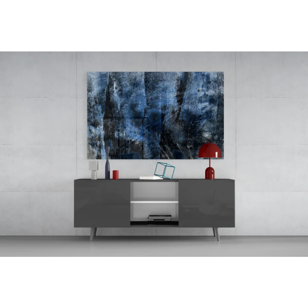 Modern textured blue black abstract wall art on canvas above gray console