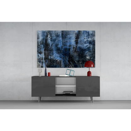 Modern textured blue black abstract wall art on canvas above gray console