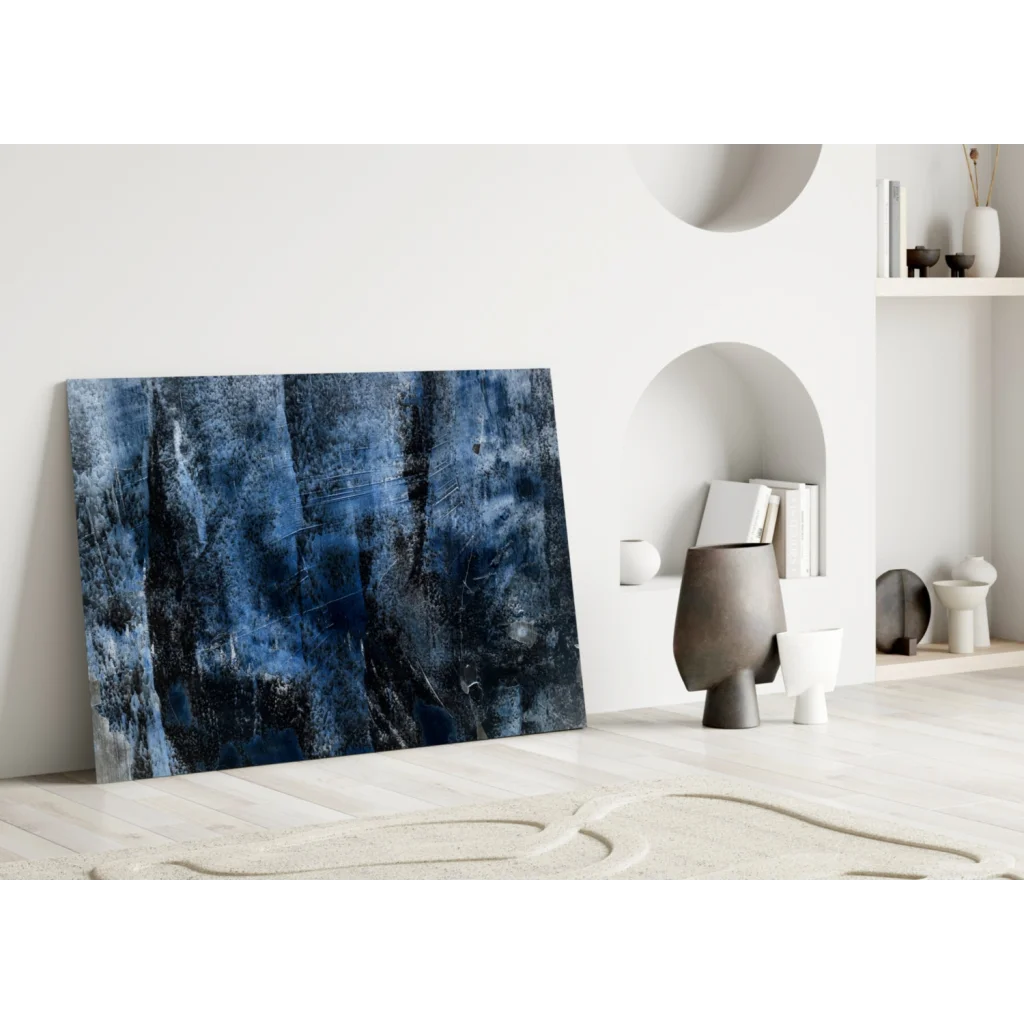 Deep blue abstract textured canvas wall art with black shades