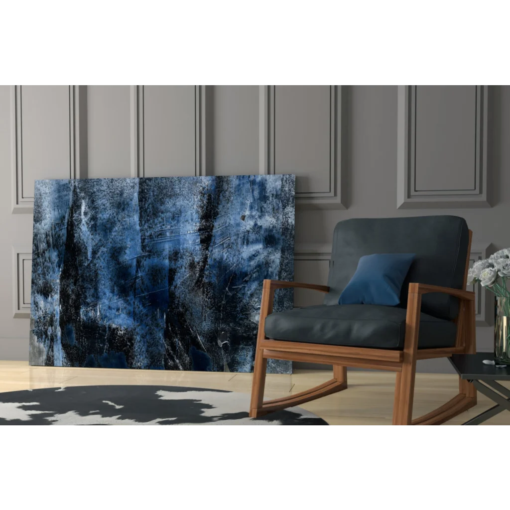 Deep blue abstract textured canvas wall art with navy indigo brushstrokes