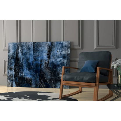 Deep blue abstract textured canvas wall art with navy indigo brushstrokes