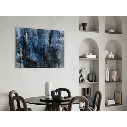 Deep blue abstract textured canvas wall art on white wall