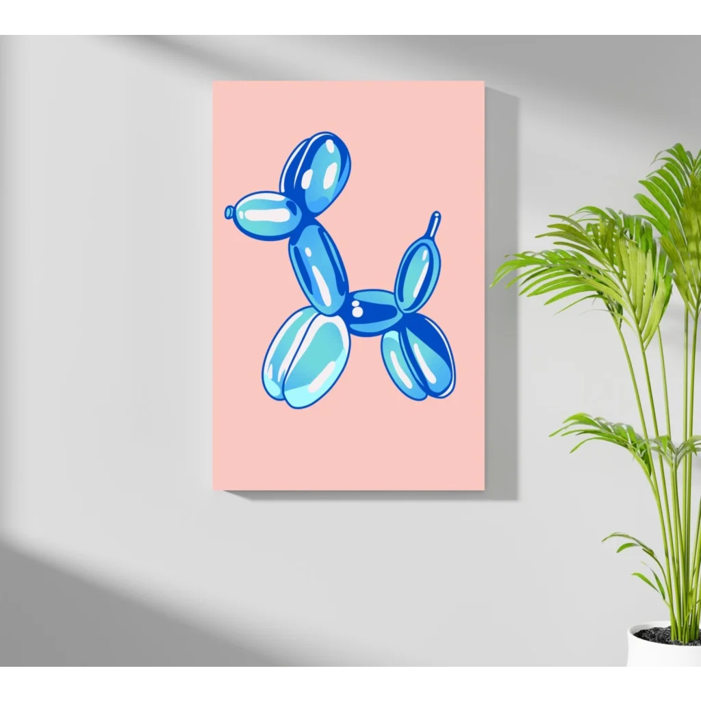Vibrant blue balloon dog pop art print on pink aluminum panel
