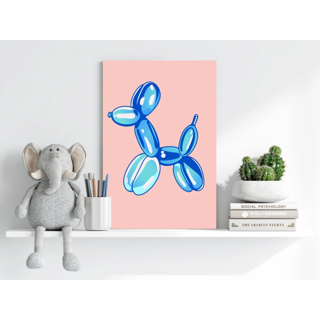 Blue balloon dog pop art print on pink aluminum panel