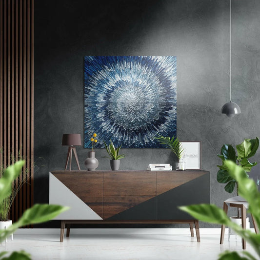 Stunning blue abstract radial burst on brushed aluminium dibond