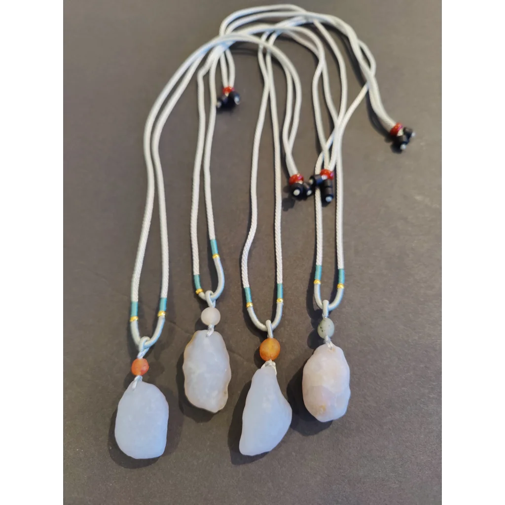 Blue chalcedony Gobi Desert raw stone pendant necklace with braided cord