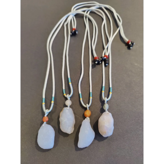 Blue chalcedony Gobi Desert raw stone pendant necklace with braided cord