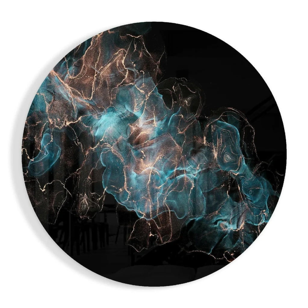 Blue Explosion tempered glass art with cosmic teal-gold swirls on black