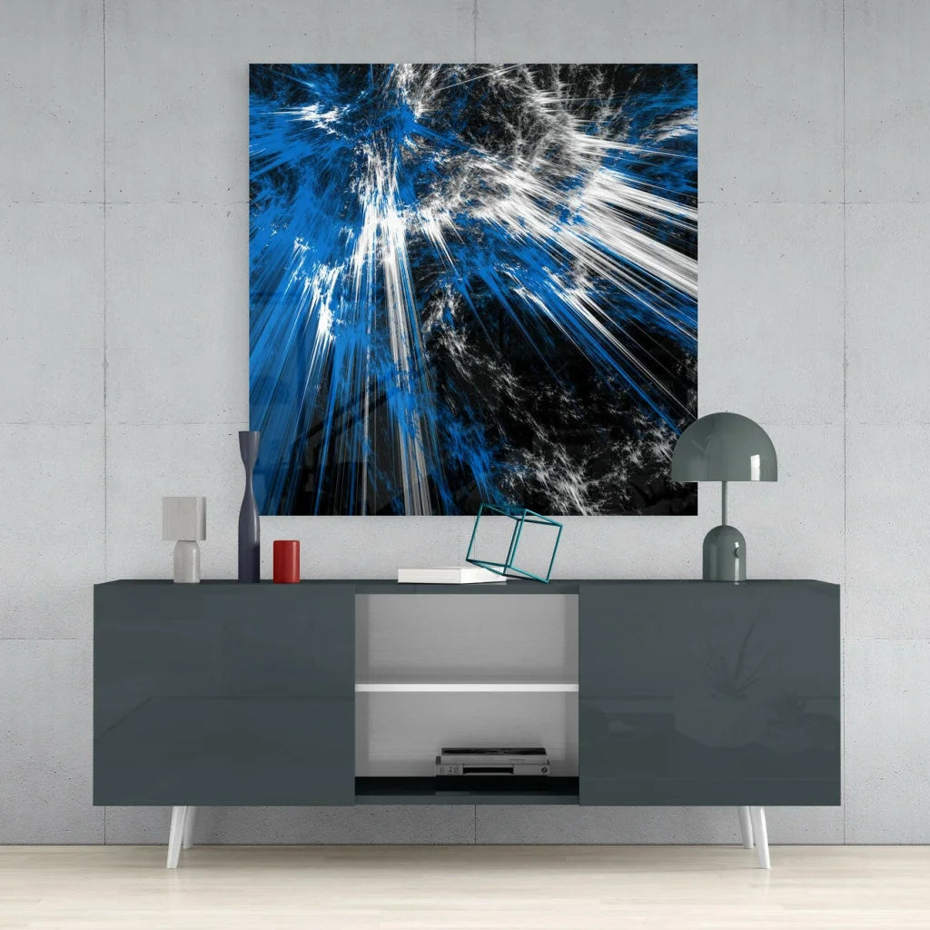 Stunning blue abstract glass wall art with silver frame and radiating lines
