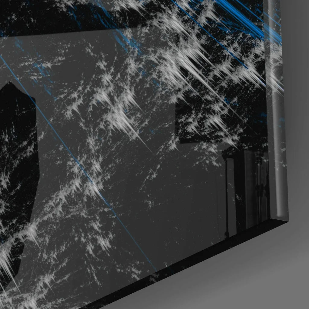 Stunning blue abstract glass wall art in silver frame with black white streaks