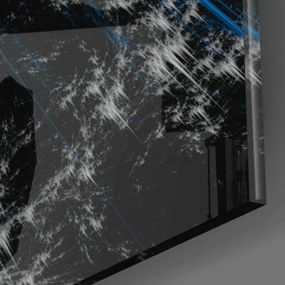 Stunning blue abstract glass wall art in silver frame with black white streaks