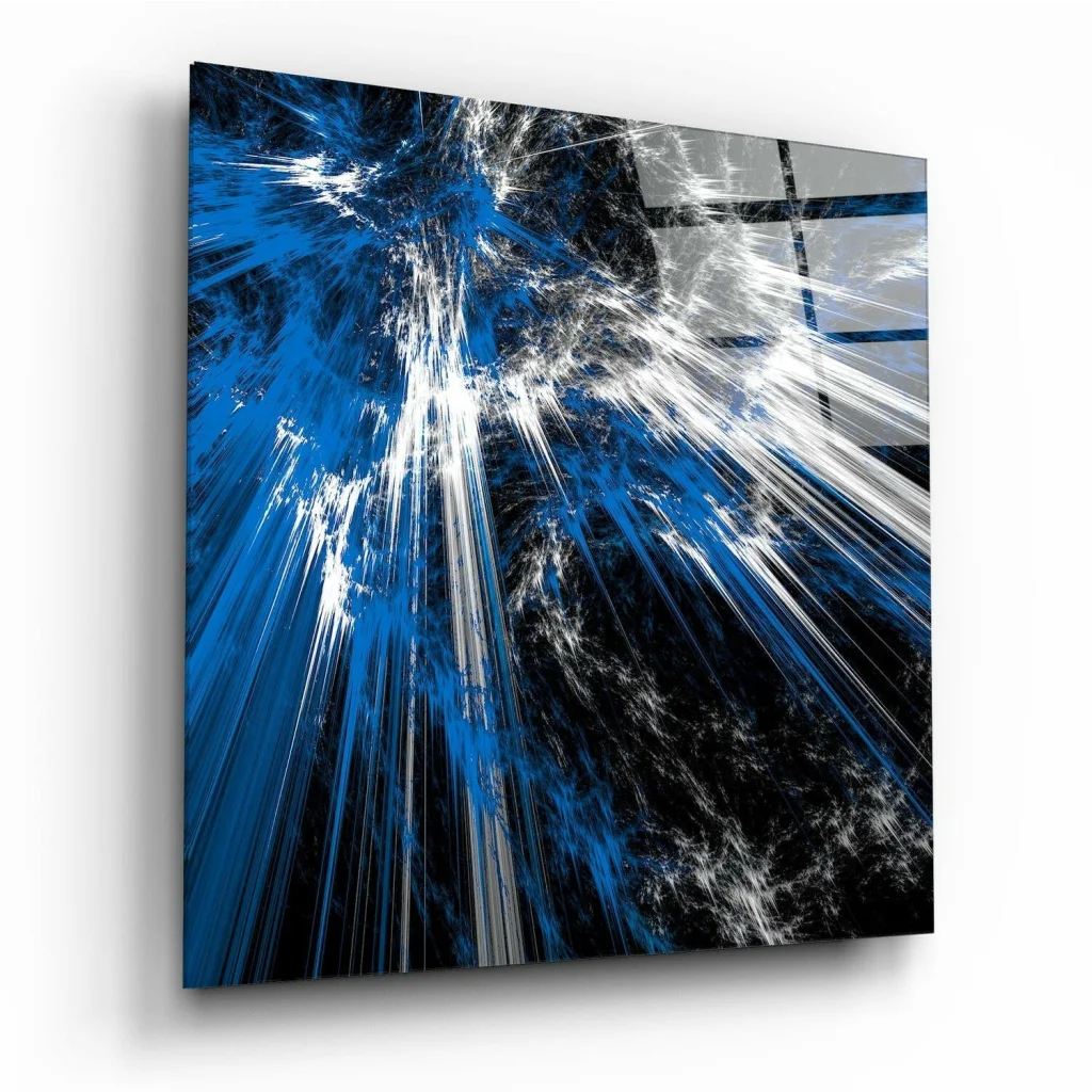 Vibrant blue abstract fractal glass wall art in silver frame