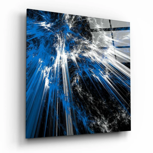 Vibrant blue abstract fractal glass wall art in silver frame