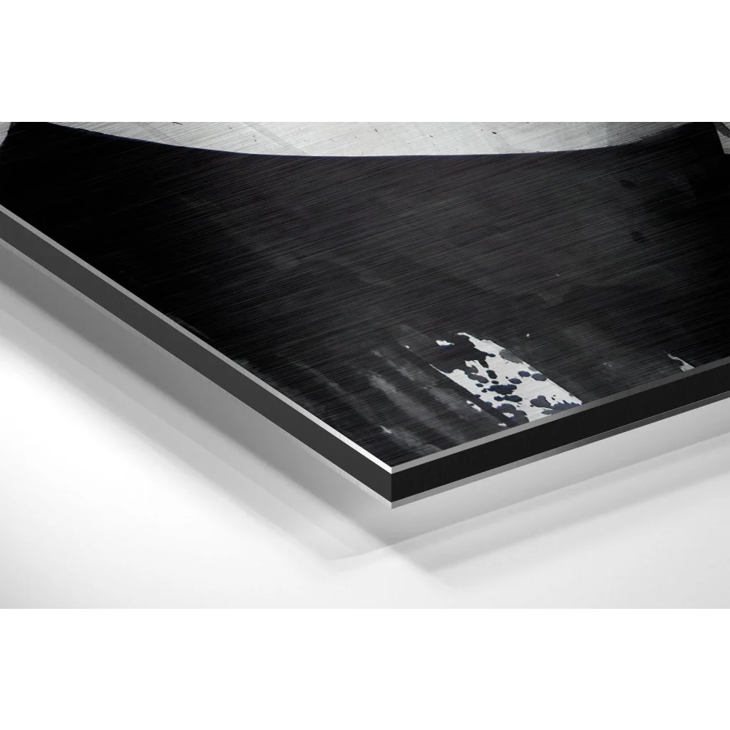Glass Wall Art Black abstract canvas with white splatters on brushed aluminium dibond wall art