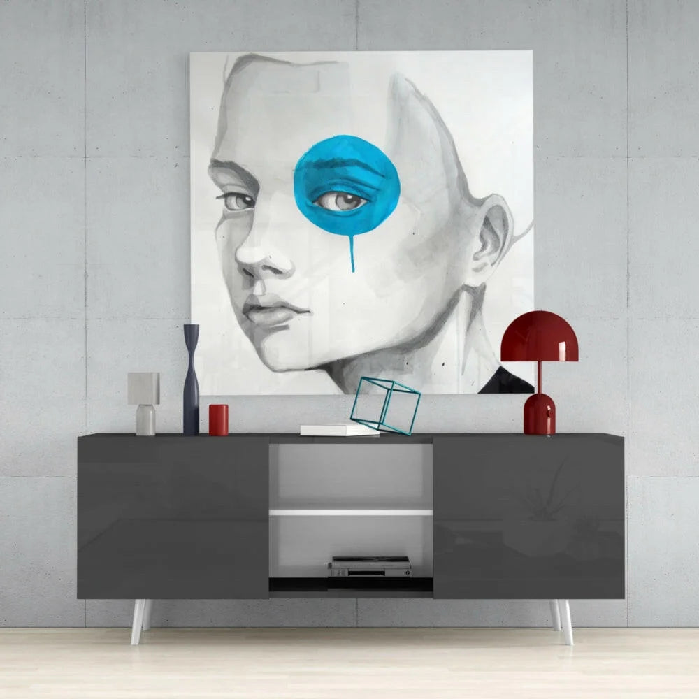 Striking blue eye tear abstract glass wall art portrait canvas