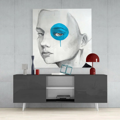 Striking blue eye tear abstract glass wall art portrait canvas