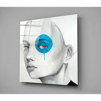 Bold blue eye tear abstract glass wall art canvas portrait